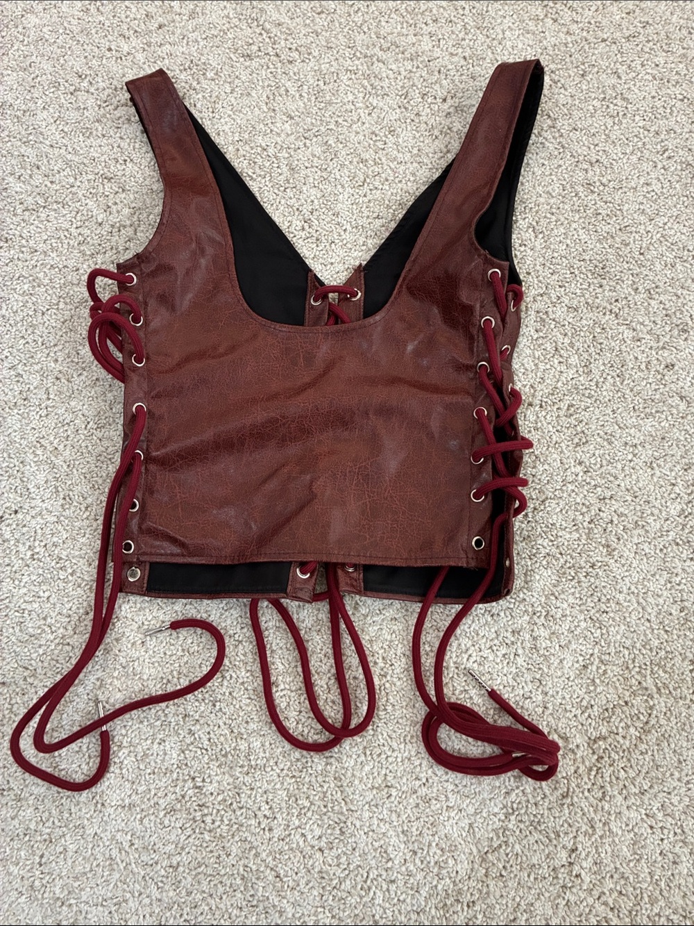 Lace-Up Faux Leather Crop Top - Burgundy Red